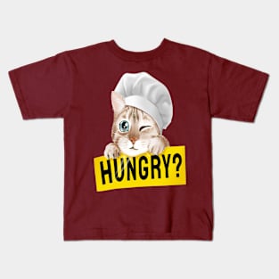 Cat in Chef hat Holding hungry sign Kids T-Shirt